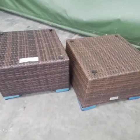 TWO DESIGNER BROWN RATTAN SQUARE COFFEE TABLES