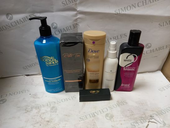 LOT OF APPROX 6 ASSORTED TANNING PRODUCTS TO INCLUDE BONDI SANDS GRADUAL TANNING MILK, FONTAINVIE TAN ACCELERATION, WHITE2BRONZE TANNING INTENSIFIER, ETC