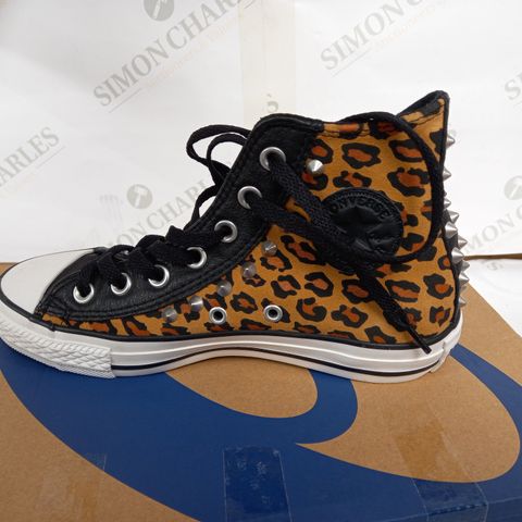 BOXED PAIR OF CONVERSE SPIKE STUDDED LEOPARD PRINT HI-TOP SHOES - UK 4