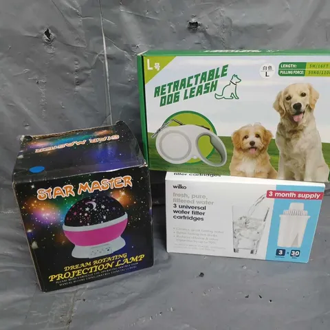 APROXIMATELY 15 ASSORTED HOUSEHOLD ITEMS TO INCLUDE STAR MASTER PROTECTION LAMP, RETRACTABLE DOG LEASH, WILKO WATER FILTER CARTRIDGES, ETC