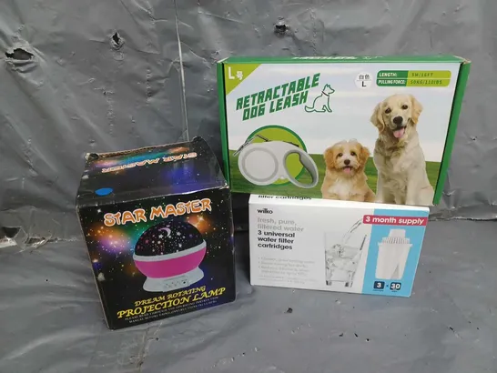 APROXIMATELY 15 ASSORTED HOUSEHOLD ITEMS TO INCLUDE STAR MASTER PROTECTION LAMP, RETRACTABLE DOG LEASH, WILKO WATER FILTER CARTRIDGES, ETC