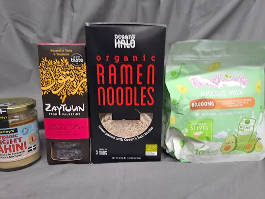 BOX OF APPROXIMATELY 10 ITEMS TO INCLUDE ORGANIC RAMEN NOODLES, AVOCADO MILK, DATES ETC