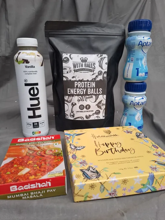 BOX OF APPROXIMATELY 10 ITEMS TO INCLUDE HUEL VANILLA, PROTEIN BALLS, APTAMIL ETC