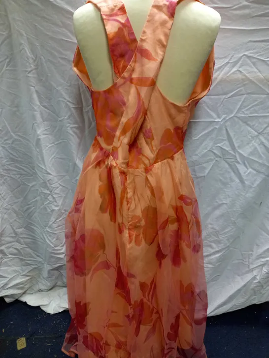 COAST CROSS FRONT PRINTED ORGANZA PEACH MIDI DRESS - SIZE 14