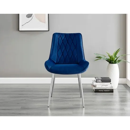 BOXED VELVET MODERN DINING CHAIRS WITH TAPERED METAL LEGS COLOUR: NAVY