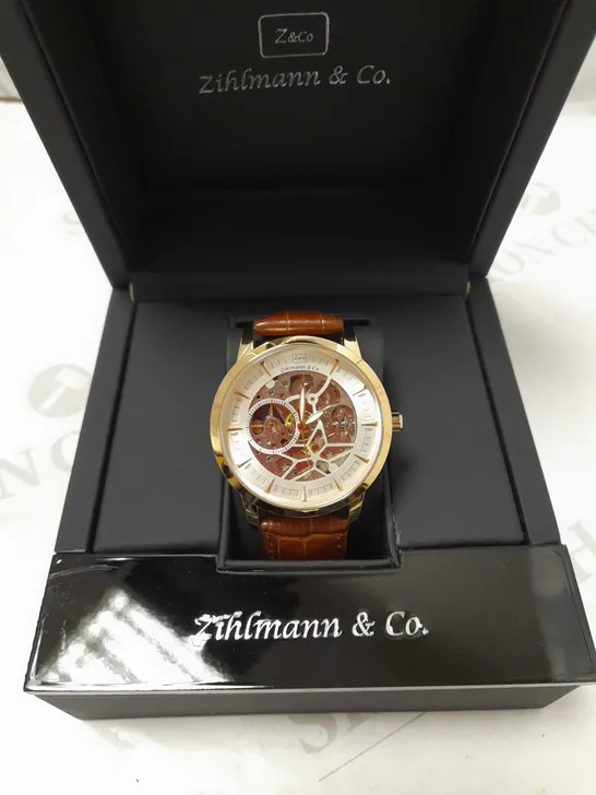 ZIHLMANN & CO GOLD EFFECT SKELETON BROWN LEATHER STRAP WRISTWATCH