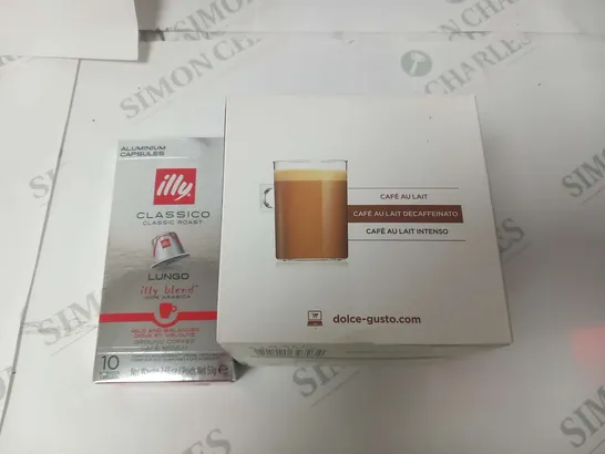 APPROXIMATELY 10 ILLY ALUMINIUM CAPSULE PACKS AND 3 PACKS NESCAFE DOLCE GUSTO CAFE AU LAIT PODS