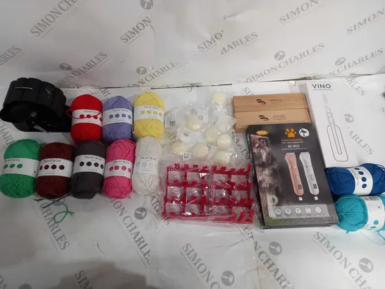 APPROXIMATELY 10 ASSORTED HOUSEHOLD ITEMS TO INCLUDE VINO WINE CHILLER STICK, PAINTBOX YARNS, AND BANKSIDE PENS ETC. 