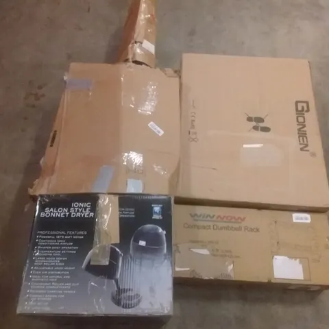 PALLET OF ASSORTED ITEMS INCLUDING IONIC SALON STYLE BONNET DRYER, WIN NOW COMPACT DUMBBELL RACK, GIONIEN INDUCTION HOB, WOODEN SLANT BOARD, STAINLESS STEEL HOT POT CART