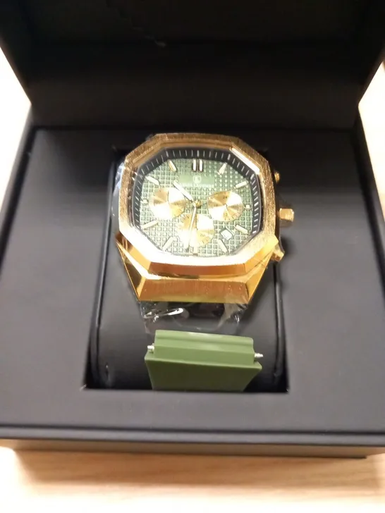 MENS LOUIS LACOMBE CHRONGRAPH WATCH – 3 SUB DIALS – GOLD COLOUR CASE – GREEN RUBBER STRAP – EST £380