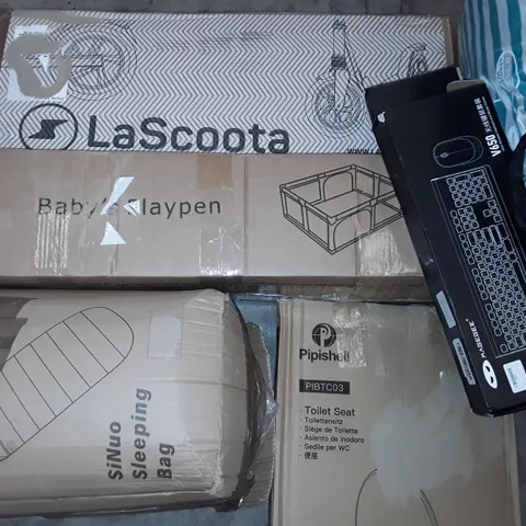 PALLET OF ASSORTED HOUSEHOLD ITEMS TO INCLUDE BABYS PLAYPEN, LASCOOTA SCOOTER, SINUO SLEEPING BAG AND TOILET SEAT