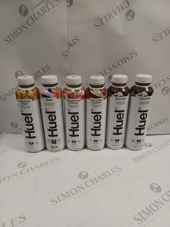 6 X ASSORTED HUEL MEAL REPLACEMENT DRINKS IN VARIOUS FLAVOURS TO INCLUDE CHOCOLATE, BERRY, STRAWBERRIES & CREAM ETC  