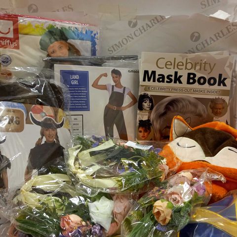 BOX OF APPROX 20 ASSORTED COSTUMES TO INCLUDE ADULT VIKING COSTUME, CHILDS FOX ONESIE, DECORATIVE FLOWER HEADBANDS, CELEBRITY MASK BOOKS