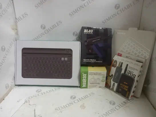 APPROXIMATELY 5 ASSORTED ELECTRICAL ITEMS TO INCLUDE WIRELESS KEYBOARD, OPEN-EAR WIRLESS EARPHONES, AMPLITUBE iRIG, ETC