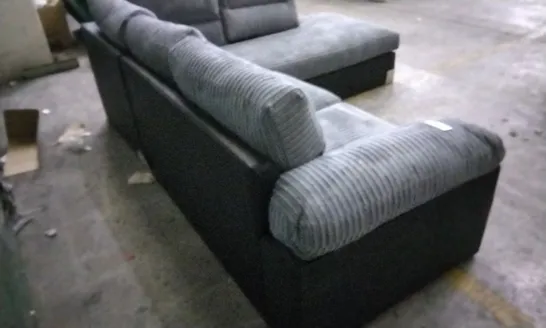 DESIGNER GREY CORDED FABRIC AND BLACK SUEDE EFFECT CORNER SOFA