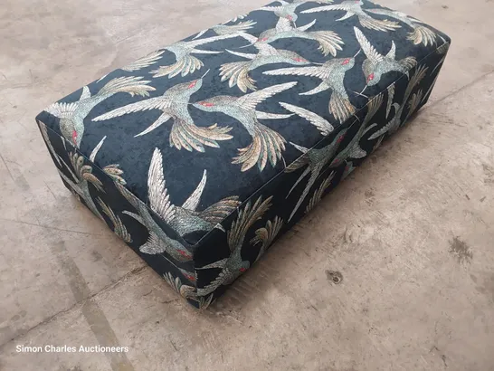 QUALITY BRITISH DESIGNER LOUNGE Co. TAYLOR FOOTSTOOL BLUE BIRDS OF PARADISE FABRIC 