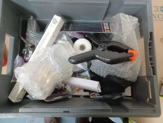 BOX OF ASSORTED HOUSE HOLD ITEMS TO INCLUDE THE LAB CO - DRILL BITS - FISHING LINES AND WEIGHTS 