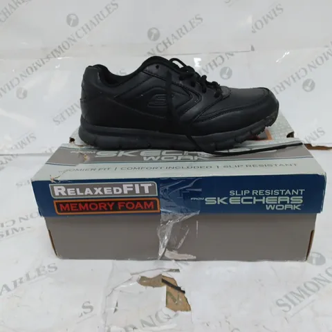 BOXED SKECHERS BLACK WORK TRAINERS- SIZE 6.5