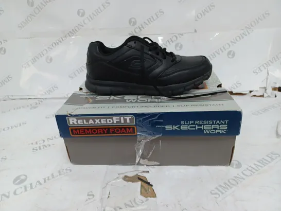 BOXED SKECHERS BLACK WORK TRAINERS- SIZE 6.5