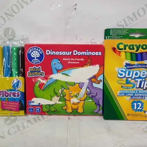 BOX OF APPROXIMATELY 20 ASSORTED TOYS AND GAMES TO INCLUDE CRAYOLA SUPER TIPS, ORCHARD TOYS DINOSAUR DOMINOES, ARTBOX 8 JUMBO FIBRES, ETC