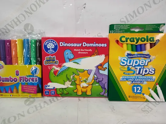 BOX OF APPROXIMATELY 20 ASSORTED TOYS AND GAMES TO INCLUDE CRAYOLA SUPER TIPS, ORCHARD TOYS DINOSAUR DOMINOES, ARTBOX 8 JUMBO FIBRES, ETC