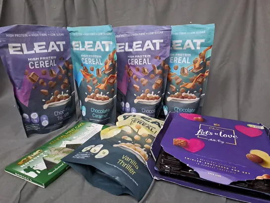 APPROXIMATELY 7 ASSORTED FOOD ITEMS TO INCLUDE ELEAT HIGH PROTEIN CEREAL, KENDAL MINT CAKE FINGERS, CADBURY MILK TRAY