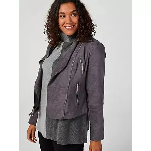 RUTH LANGSFORD SUEDETTE BIKER JACKET IN CHARCOAL SIZE 20