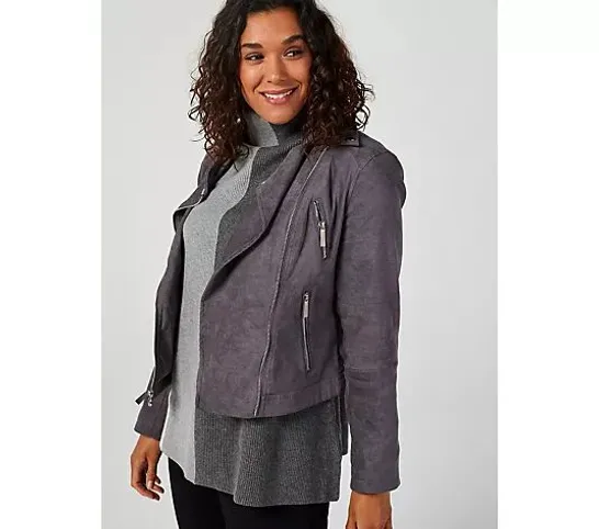 RUTH LANGSFORD SUEDETTE BIKER JACKET IN CHARCOAL SIZE 20