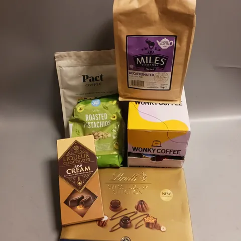 BOX OF APPROX 6 ASSORTED FOOD ITEMS TO INCLUDE - MILES DECAFFINATED TEA BLEND - LINDT SWISS LUXURY COLLECTION CHOCOLATES - HAPPY BELLY ROASTED PISTACHIOS ETC