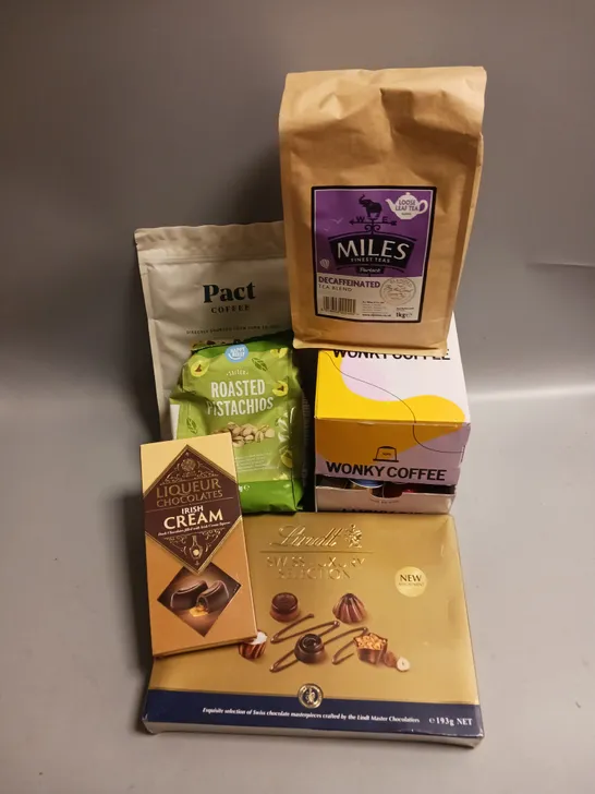 BOX OF APPROX 6 ASSORTED FOOD ITEMS TO INCLUDE - MILES DECAFFINATED TEA BLEND - LINDT SWISS LUXURY COLLECTION CHOCOLATES - HAPPY BELLY ROASTED PISTACHIOS ETC