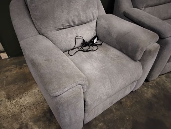 QUALITY ITALIAN DESIGNER GREY FABRIC POWER RECLINING LOUNGE SUITE, COMPRISING, THREE SEATER SOFA & EASY CHAIR