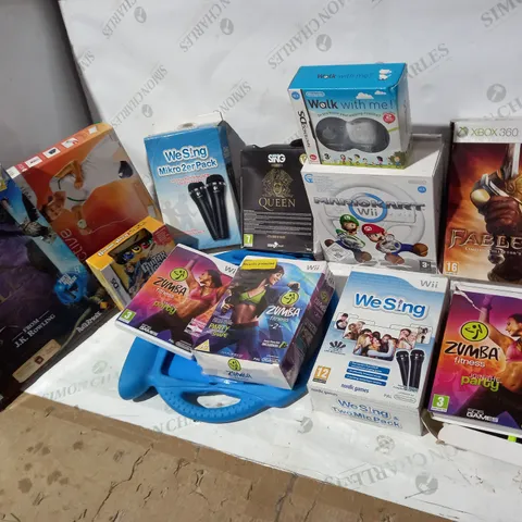 13 ASSORTED ITEMS TO INCLUDE: FABLE 3 FOR XBOX 360, WESING MIKRO 2ER PACK, BOOK OF SPELLS FOR PS3, WII SING, MARIO KART FOR WII ETC