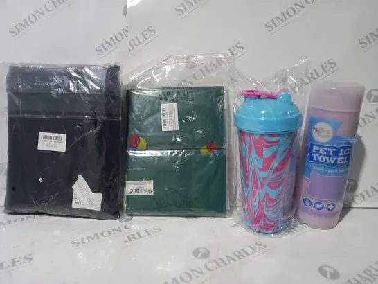 BOX OF APPROXIMATELY 20 ASSORTED HOUSEHOLD ITEMS TO INCLUDE TRAVEL DRINKS BOTTLE IN BLUE/PINK, REUSABLE PARTY TABLE COVER, ETC