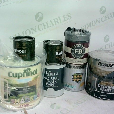 7 ASSORTED ITEMS TO INCLUDE A BARBOUR WAX THORNPROOF DRESSING AND A TIN OF ULTIMATE PROTECTION DECKING PAINT - DEEP BLUE- COLLECTION ONLY