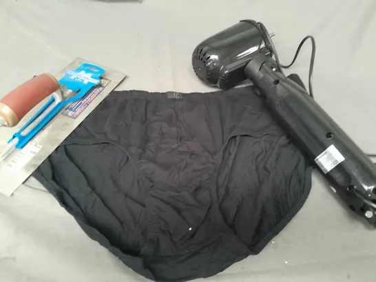 BOX OF APPROXIMATELY 5 ASSORTED HOUSEHOLD ITEMS TO INCLUDE MEN'S 7XL UNDERWEAR IN BLACK, INCOMPLETE PEDESTAL FAN, FINISHING TROWEL, ETC - COLLECTION ONLY