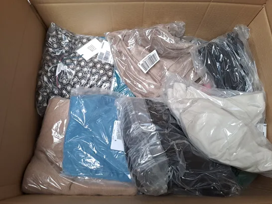 BOX OF ASSORTED CLOTHING ITEMS TOO INCLUDE COATS , TOPS, AND TROUSERS   ETC. 