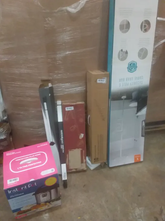 PALLET OF ASSORTED ITEMS INCLUDING SECURITY POLE, EARTH AUGER DRILL BIT, AIR FRYER, DOOR BRACE