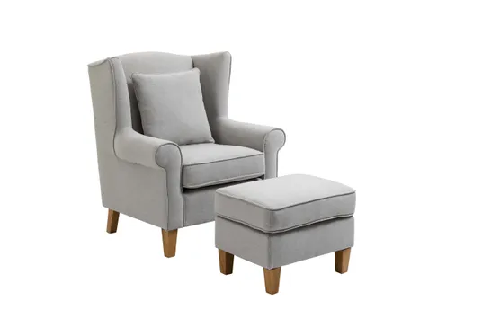 BRAND NEW BOXED ALISON AT HOME MOTCOMB WINGBACK ARMCHAIR WITH STOOL & SCATTER CUSHION - GREY (1 BOX)