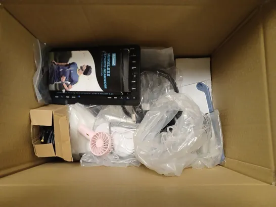 BOX OF APPROXIMATELY 10 ASSORTED ITEMS TO INCLUDE PORTABLE FAN, KEYBAORD & MOUSE, SPORTS HEADWEAR ETC