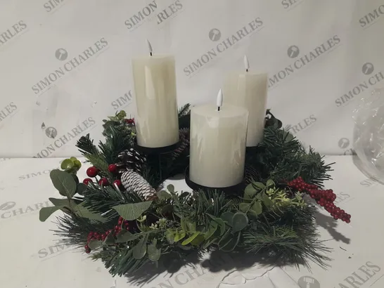 HOME REFLECTIONS 3 IN 1 FLAMELESS CANDLE WITH WREATH SET RED BERRY