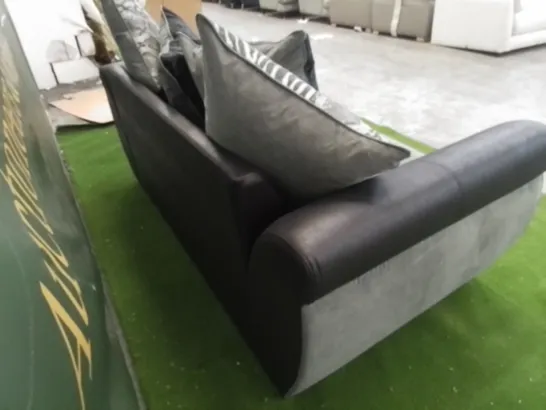 DESIGNER GREY FABRIC AND BLACK SUEDE EFFECT TWO SEATER SOFA WITH CHROME FEET