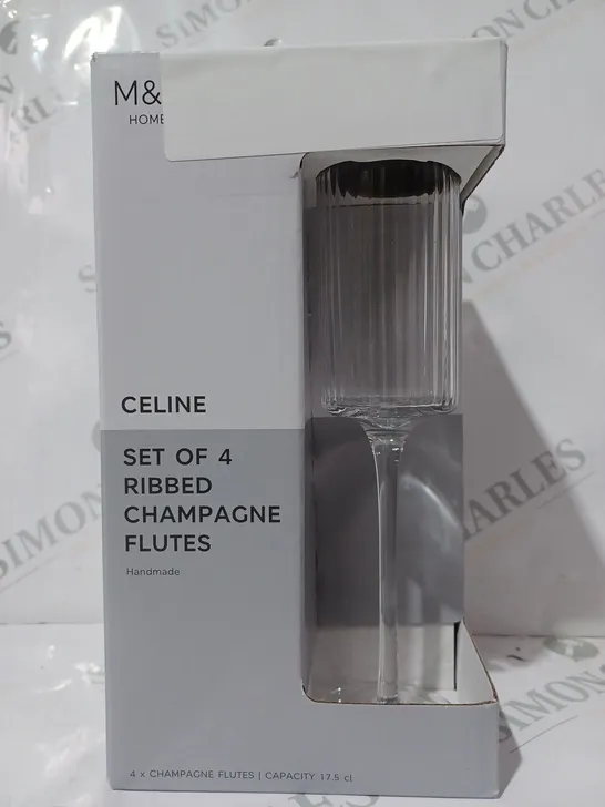 BOXED M&S CELINE SET OF 4 RIBBED CHAMPAGNE FLUTES