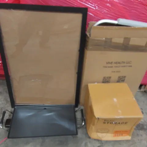 LARGE PALLET OF ASSORTED HOUSEHOLD PRODUCTS TO INCLUDE; PICTURE FRAME, VIVE TOILET SAFETY RAIL, BUCKET STORAGE, SIGNSTEKBED SAFETY RAIL