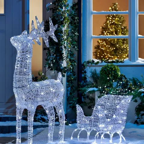 BOXED LARGE ACRYLIC REINDEER AND SLEIGH LIGHT UP OUTDOOR CHRISTMAS DECORATION - COLLECTION ONLY