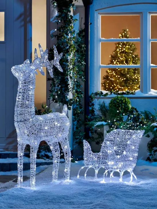 BOXED LARGE ACRYLIC REINDEER AND SLEIGH LIGHT UP OUTDOOR CHRISTMAS DECORATION - COLLECTION ONLY