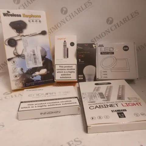 BOX OF APPROXIMATELY 5 ASSORTED ITEMS TO INCLUDE E-CIGARETTE, WIRELESS EARPHONE, LIGHT BULB ETC