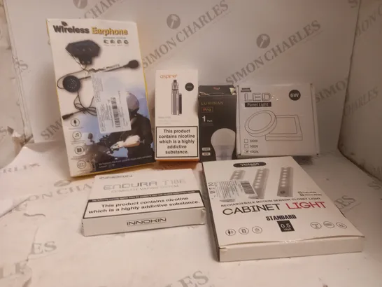 BOX OF APPROXIMATELY 5 ASSORTED ITEMS TO INCLUDE E-CIGARETTE, WIRELESS EARPHONE, LIGHT BULB ETC