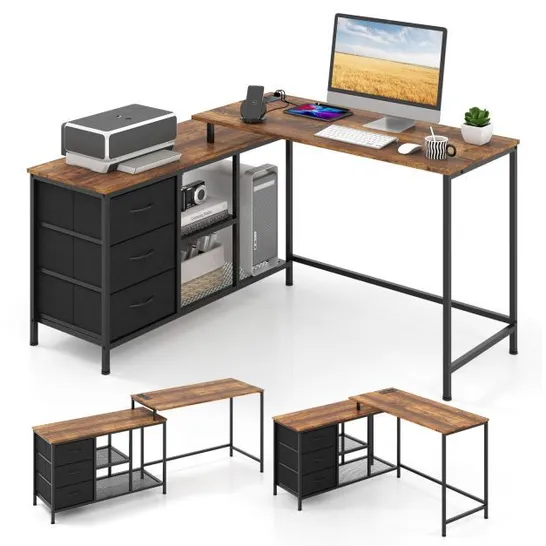 BOXED COSTWAY L-SHAPED COMPUTER DESK WITH DRAWERS SHELVES AND CHARGING STATION - RUSTIC BROWN