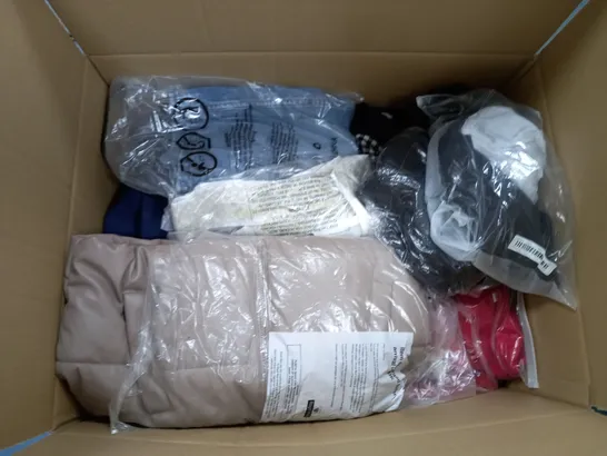 LARGE BOX OF ASSORTED CLOTHING ITEMS IN VARIOUS COLOURS AND SIZES INCLUDING TROUSERS , TOPS AND JUMPERS 