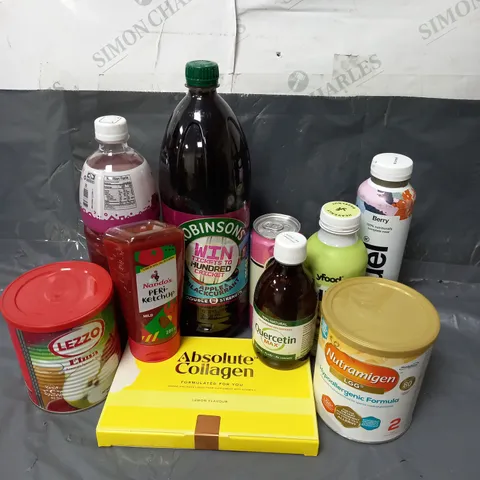 APPROXIMATELY 10 ASSORTED FOOD & DRINK ITEMS TO INCLUDE - ROBINSONS APPLE & BLACKCURRENT CORDIAL - ABSOLUTE COLLAGEN LEMON FOOD SUPPLEMENT - NANDO'S PERI-KETCHUP - ETC